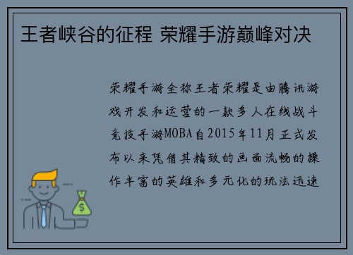 王者峡谷的征程 荣耀手游巅峰对决