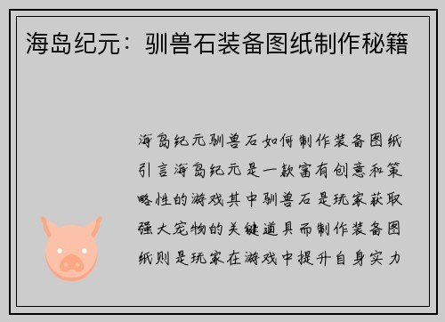 海岛纪元：驯兽石装备图纸制作秘籍
